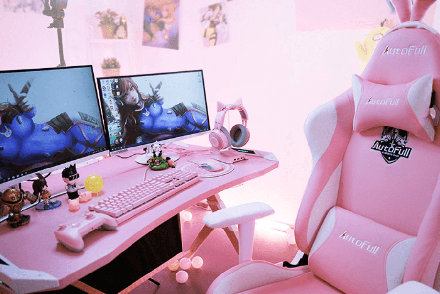 Prime example of a pink girly gaming setup that's cute and clean as can be